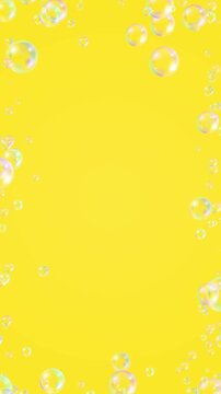 Floating Soap Bubble Border Frame on yellow background animation,air bubbles cosmetics and cleaning vertical social media motion design element