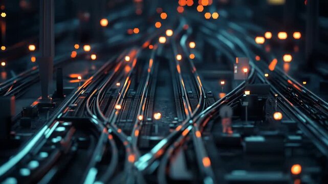 Railway tracks converging and diverging at a complex junction, illuminated by warm blurred lights in the dark, symbolizing connectivity, network, and strategic choices in transportation