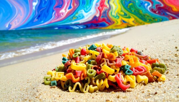 A pile of colorful alphabet soup pasta noodles on a sandy beach with a vibrant swirling paint ocean background