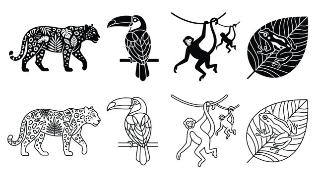 Set of jungle animals in black silhouette and outline style