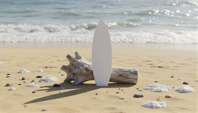 White surfboard on a sunlit beach with sea textures