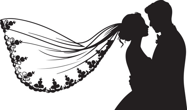 Silhouette of a bride and groom embracing with a long wedding veil flowing in the wind