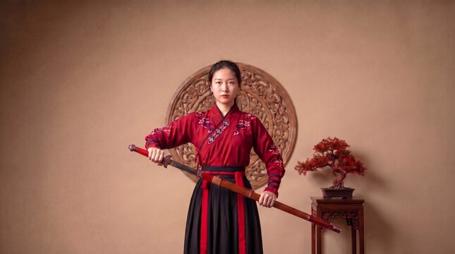 Joven guerrera asi&aacute;tica luciendo imponente traje tradicional hanfu