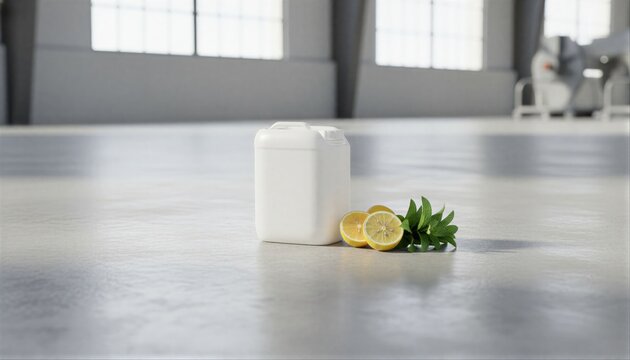 White utility container on a sunlit industrial floor with fresh citrus and mint