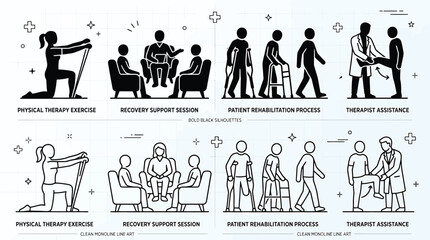 Fototapeta premium Physical therapy and rehabilitation icons set, including exercise, support session, and therapist assistance in bold silhouette and clean line art styles