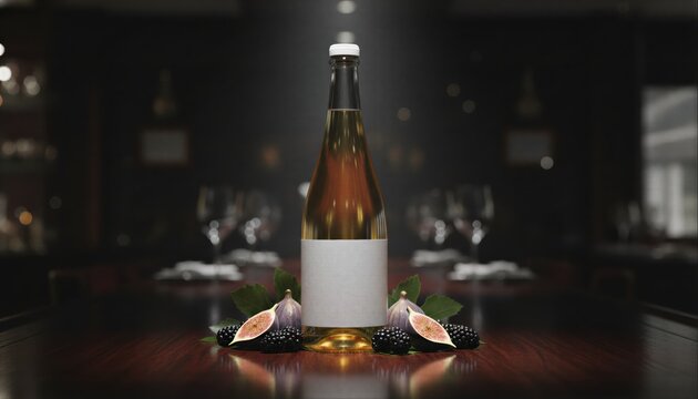 Wine bottle with white label in a moody restaurant with figs