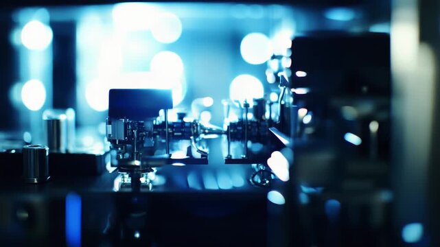 Scientific apparatus creating a vibrant blue light and bokeh effect, embodying concepts of innovation, research, and future technology in a modern lab environment