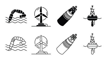 Set of renewable energy icons including wave energy converter, wind turbine, subsea power cable, and ocean buoy © PixelAura_Studio