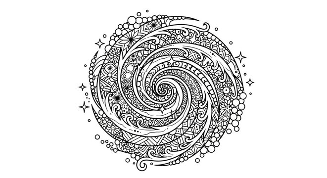 Intricate cosmic spiral pattern with stars and abstract details, black and white line art illustration, adult coloring book design