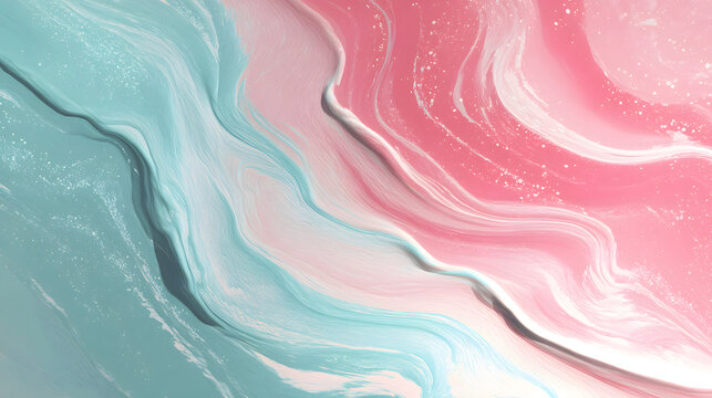 Abstract photograph displaying fluid waves of pastel pink and soft teal colors blending together in a beautiful artistic liquid composition
