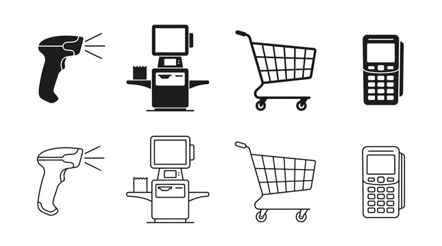Set of retail and supermarket icons including barcode scanner, selfcheckout kiosk, shopping cart, and payment terminal