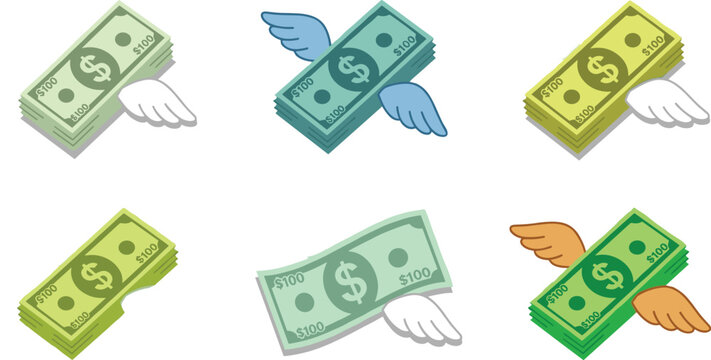 Vector illustration collection of flying money stacks and dollar bills with wings representing spending financial loss or wealth success