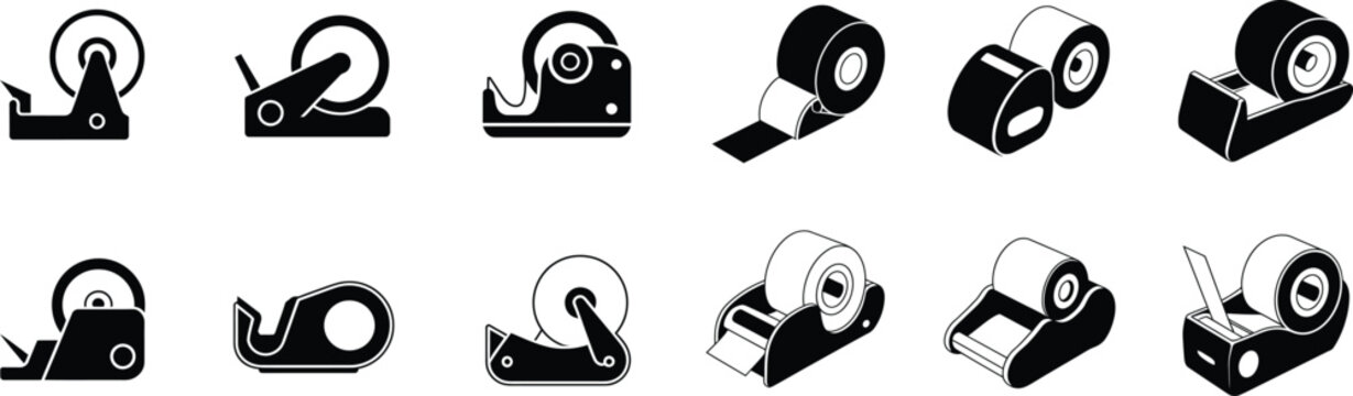 Black adhesive tape dispenser icons on transparent background, office supply silhouette, sticky tape cutter for packing and crafts, functional design elements.
