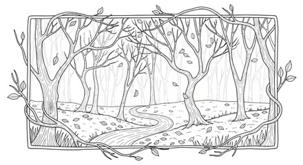 Obraz premium Black and white line art illustration of an autumnal forest path with bare trees, falling leaves, and decorative vine frame.