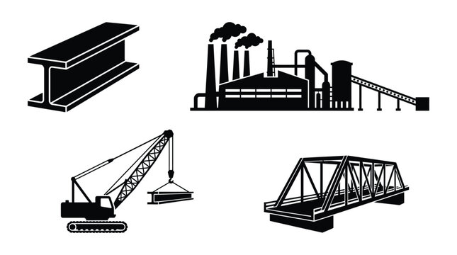 Industrial Structures And Machinery Silhouettes Against A White Background
