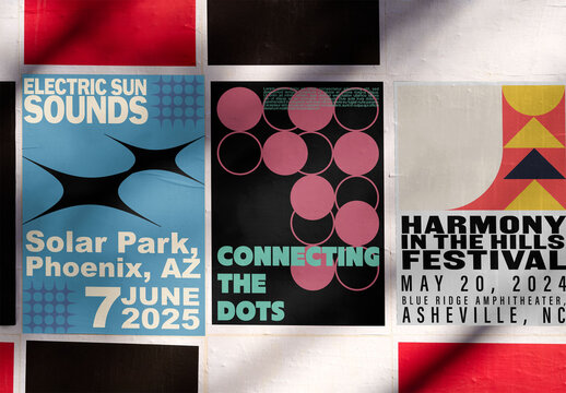 Mockup template of three Urban Poster Mockup on a City Wall