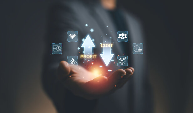 Business profit growth and cost down reduction concept with digital arrows and financial icons. Corporate strategy, expense optimization, revenue increase and business performance management.