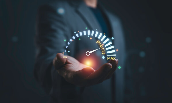 Business profit growth concept with digital performance gauge showing maximum earnings. Financial success, revenue increase, business strategy, investment growth and profitability management.