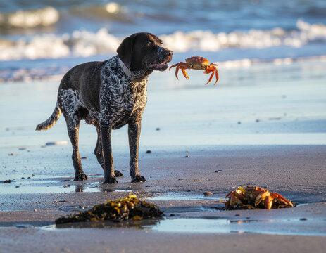 a curious pariah dog playfully tossing a bright red crab along a coastal shoreline during golden hour with natural movement