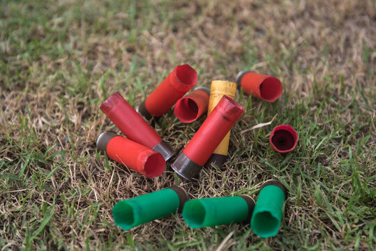 Shotgun shell casings on the grass at the shooting range.