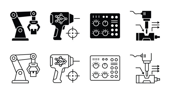 Set of industrial automation and manufacturing technology icons, including robotic arm, smart drill, control panel, and cnc machining, vector illustration