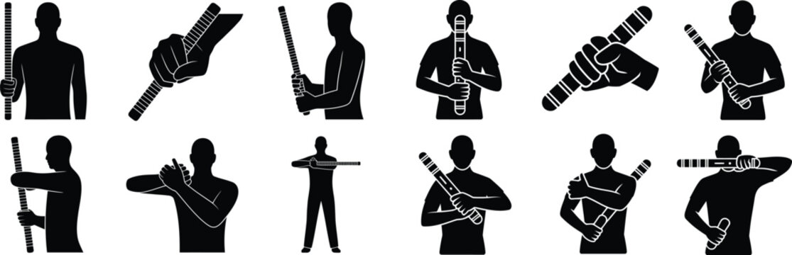 Martial arts staff fighting techniques vector silhouettes showing training stances and defensive positions with wooden stick for sports combat.