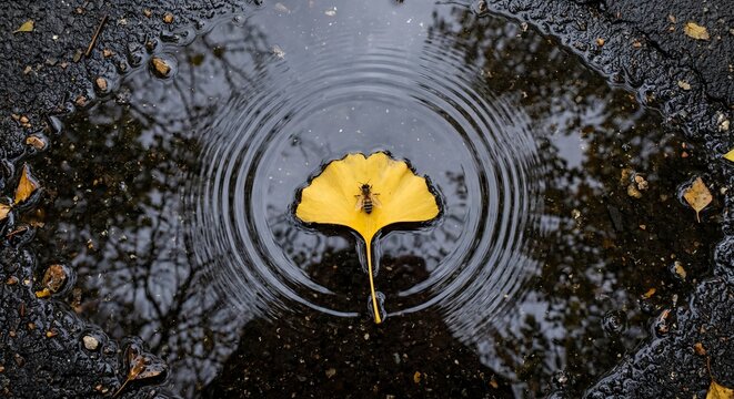 A solitary yellow Ginkgo leaf rests on the surface of a puddle, creating concentric ripples that reflect the overcast sky and surrounding autumn foliage