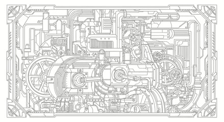 Fototapeta premium Detailed Steampunk Industrial Engine Illustration. Intricate Mechanical Gears, Pipes, and Complex Machinery Line Art Drawing.