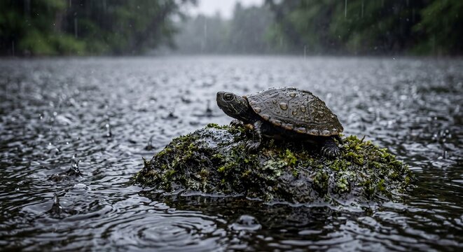A lone turtle braves a downpour while perched on a moss-covered rock in a serene forest stream