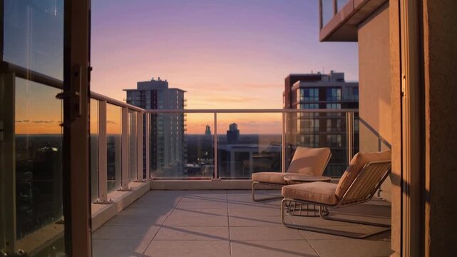 Luxury Apartment Balcony with City Skyline View at sunset modern urban living and Real Estate Investment