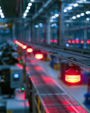 Medium shot focusing on vibrant alert lights above CNC stations signaling active monitoring and immediate response to tool wear and machine anomalies.