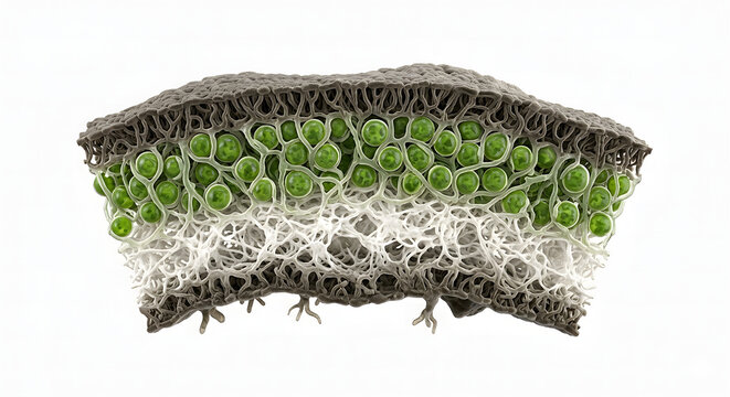 Detailed 3D Cross-Section of a Lichen Thallus Showing Photobiont Layer and Fungal Hyphae Isolated on White