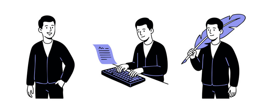 Content creator writer character illustration set featuring a man typing on a keyboard, standing with a quill pen, and posing, perfect for copywriting, storytelling, blogging, and creative work.