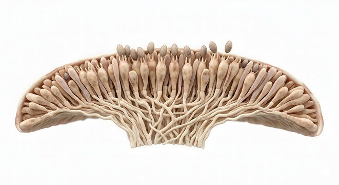Detailed 3D Render of a Basidiomycete Mushroom Gill Cross-Section with Basidia and Spores
