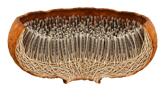 Hyper-realistic 3D Cross-Section Anatomy of Ascoma (Cup Fungus) Showing Asci and Paraphyses