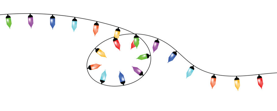 Colorful Christmas string lights in a swirly pattern on a white background vector illustration