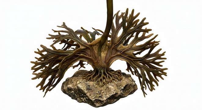High-Detail Scientific 3D Render of a Kelp Holdfast Gripping Substrate Isolated on White