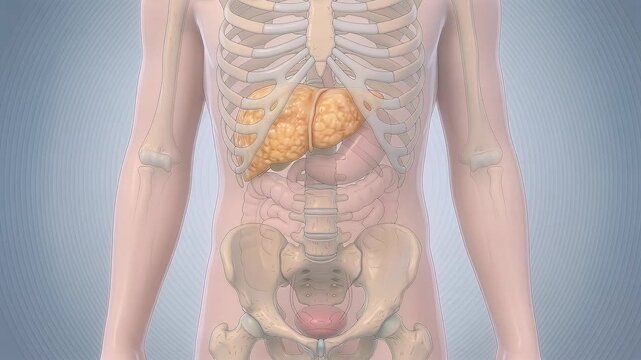 Human body organs diagram showing digestive system and liver affected by fat liver disease with educational focus in medical learning