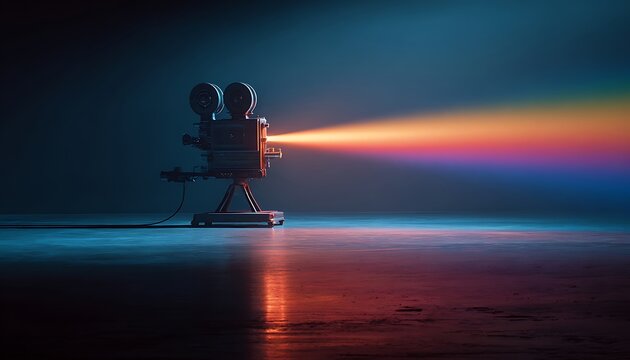 Vintage film projector casting a vibrant rainbow beam of light across a dark, reflective surface in a moody, atmospheric setting
