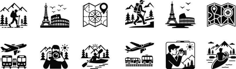 Obraz premium Collection of travel and tourism related icons in black silhouette style on a transparent background.
