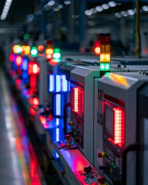 Medium shot focusing on vibrant alert lights above CNC stations signaling active monitoring and immediate response to tool wear and machine anomalies.