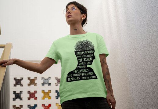 Mockup template of woman Wearing a White T-Shirt on Stairs