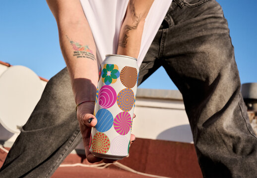 Slim Tall Boy Can Mockup on Rooftop Scene