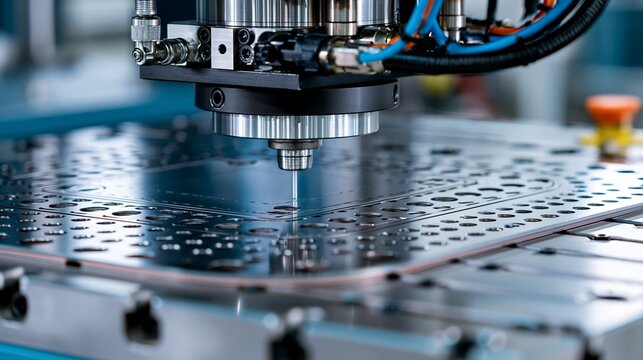 Medium shot of automated press punching multilayer steel sheets into precise gasket shapes showcasing industrial precision and robust manufacturing process.