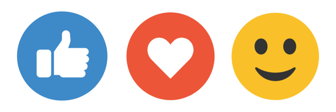 Social Media Reaction Icons, set of three colorful engagement symbols, thumbs up like heart and smiley face emoji style UI elements for user interaction and feedback design.