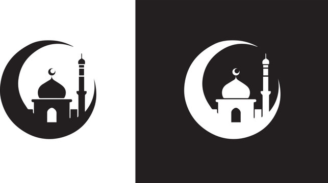 Crescent moon silhouette with mosque and standing on lunar surface black icon on black ,white background