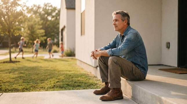 Newly unemployed man in his fifties sitting on front stoop in work boots watching neighborhood children play, quiet summer afternoon, expres