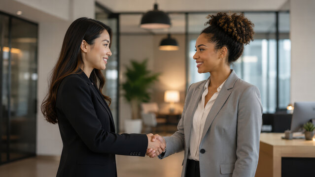 Business handshake office interior two woman professional meeting corporate partnership smiling colleague teamwork diversity workplace