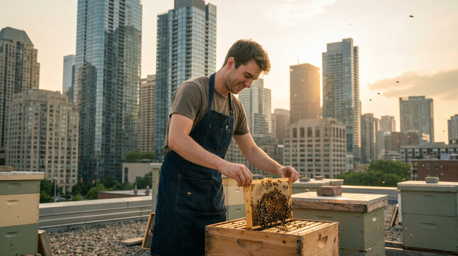 Rooftop beehive colony in a dense urban skyline, a young professional beekeeper in denim apron inspecting frames with bare hands against a b