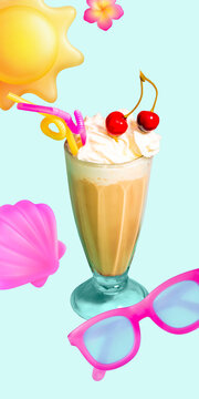 Creamy milkshake with whipped cream cherries and summer beach icons. Concept of dessert drink advertising, cafe menu design, sweet beverage promo, and summer treat campaign.